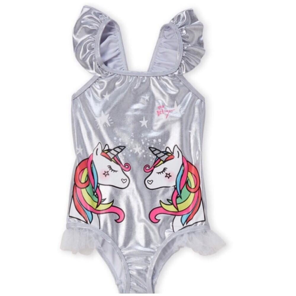 Betsey Johnson Rainbow Unicorns Swimsuit, Silver